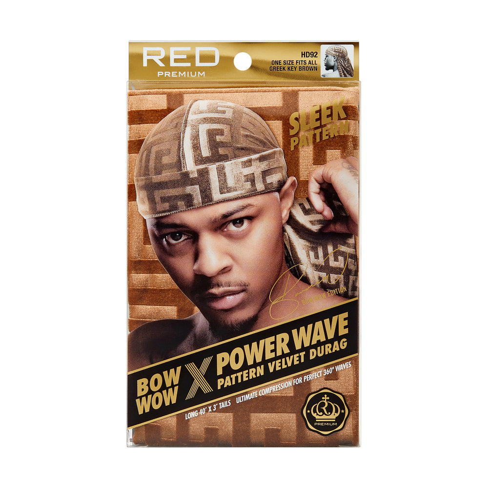 RED Pattern Velvet Durag Bow Wow X Power Wave - Greek Key Brown
