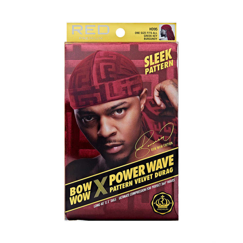 RED Pattern Velvet Durag Bow Wow X Power Wave - Greek Key Burgundy