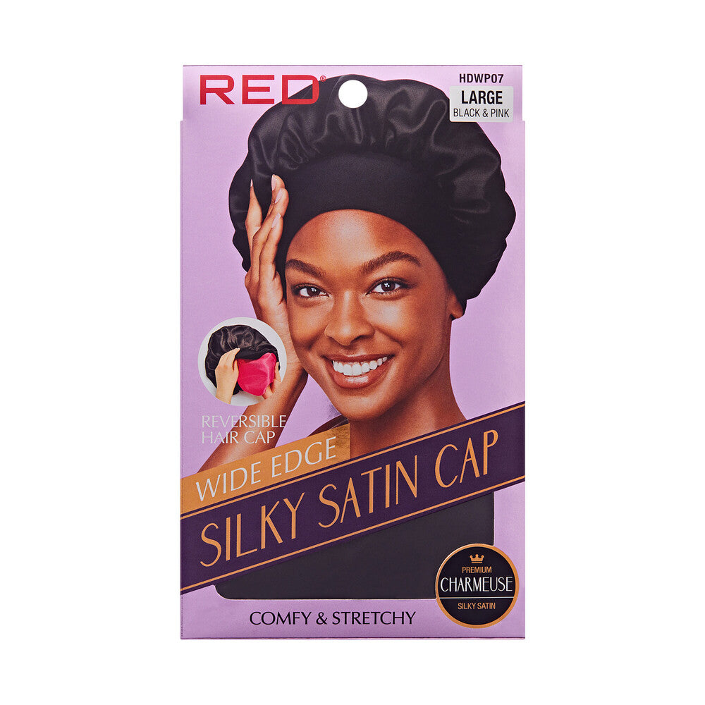 Wide Edge Silky Satin Cap - Large - Black & Pink
