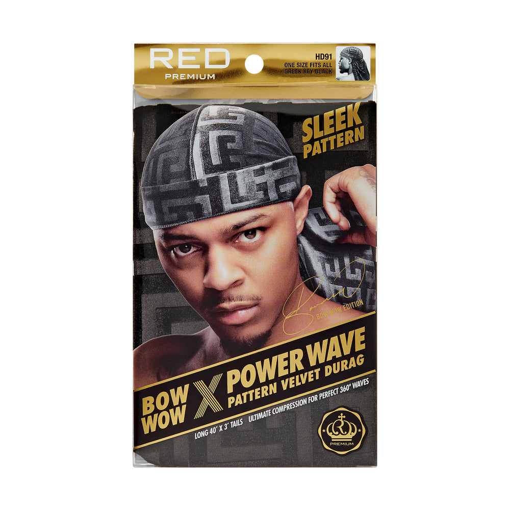 RED Pattern Velvet Durag Bow Wow X Power Wave - Greek Key Black
