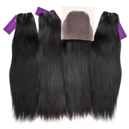 3 x Relaxed Straight Machine Weft Bundle Deal + Closure