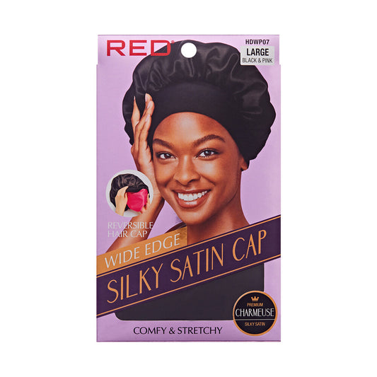 Wide Edge Silky Satin Cap - Large - Black & Pink
