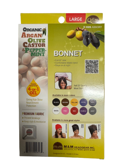 Qfitt Large Bonnet Infused With Organic Argan Olive Castor Peppermint Oils - Assorted Colors