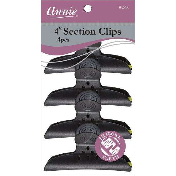Annie 4" Round Handle Section Clips with Silicone Teeth 4ct. Black