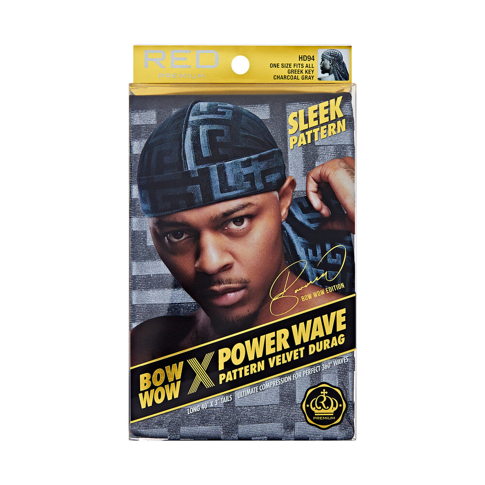 RED Pattern Velvet Durag Bow Wow X Power Wave - Greek Key Charcoal Gray