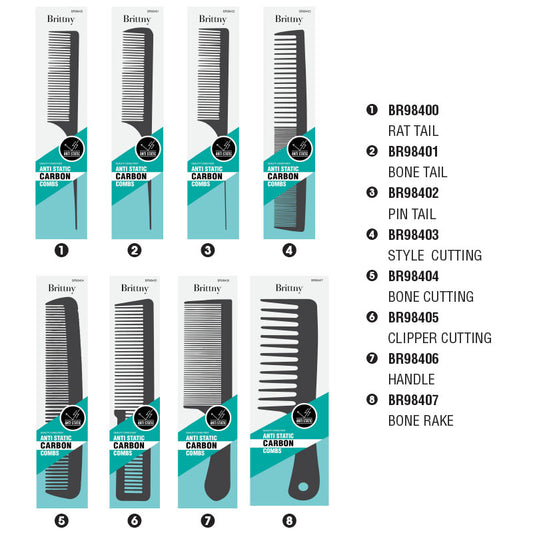 A collection of anti-static carbon handle combs in various sizes and styles, displayed in rows with their respective model numbers and names.